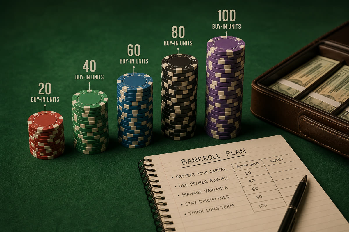 Bankroll tracking spreadsheet on a laptop beside poker chip stacks and buy-in ticket receipts on a card table