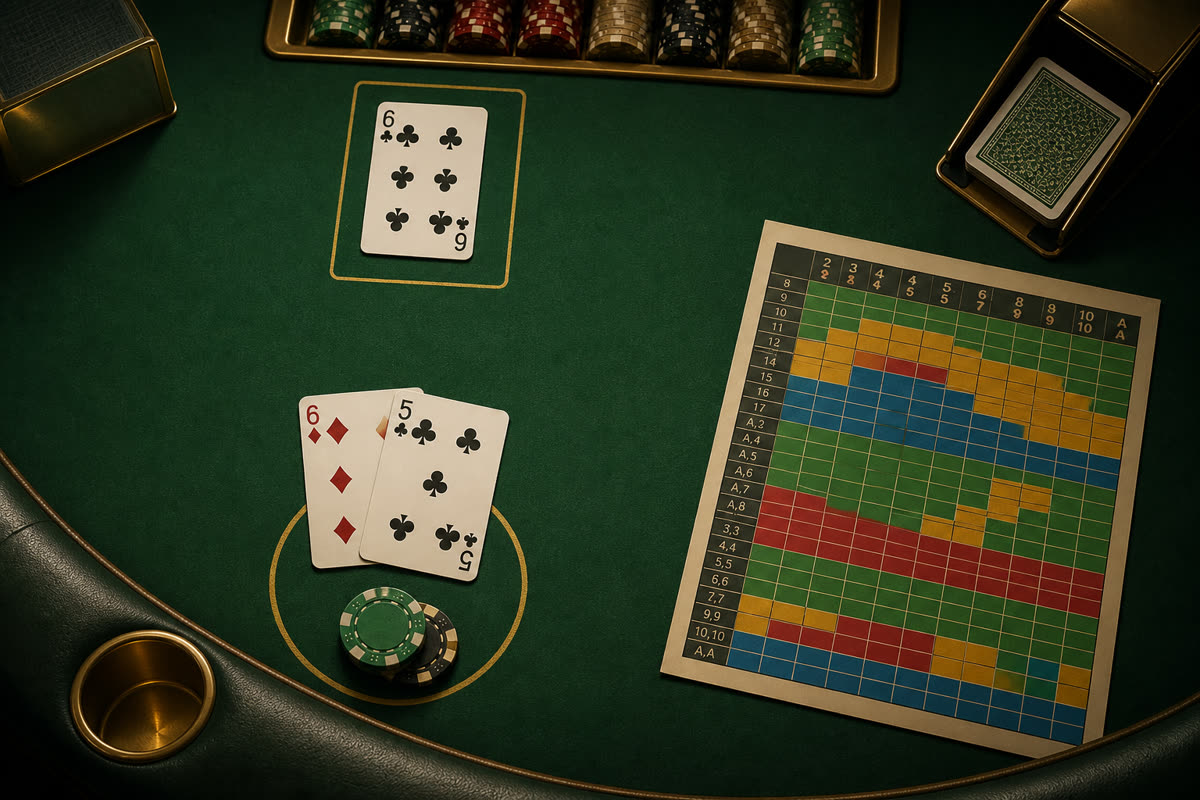 Printed blackjack basic strategy chart laid beside face-up cards and chip stacks on a green felt table