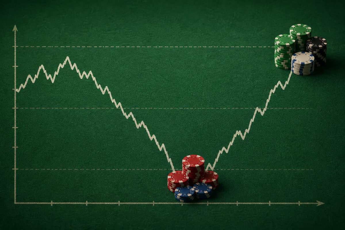 Downswing variance chart plotted on graph paper beside poker session results and chip stack columns