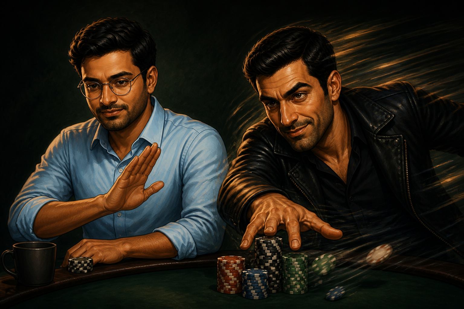 Two illustrated poker experts, one holding up a calming hand as the other leans in eagerly amid motion blur