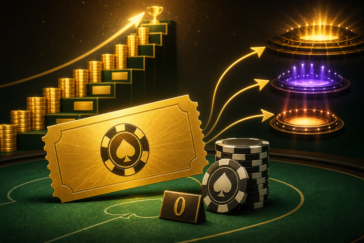 Stack of virtual tournament tickets and freeroll lobby entries beside a chip chart tracking expected value per session