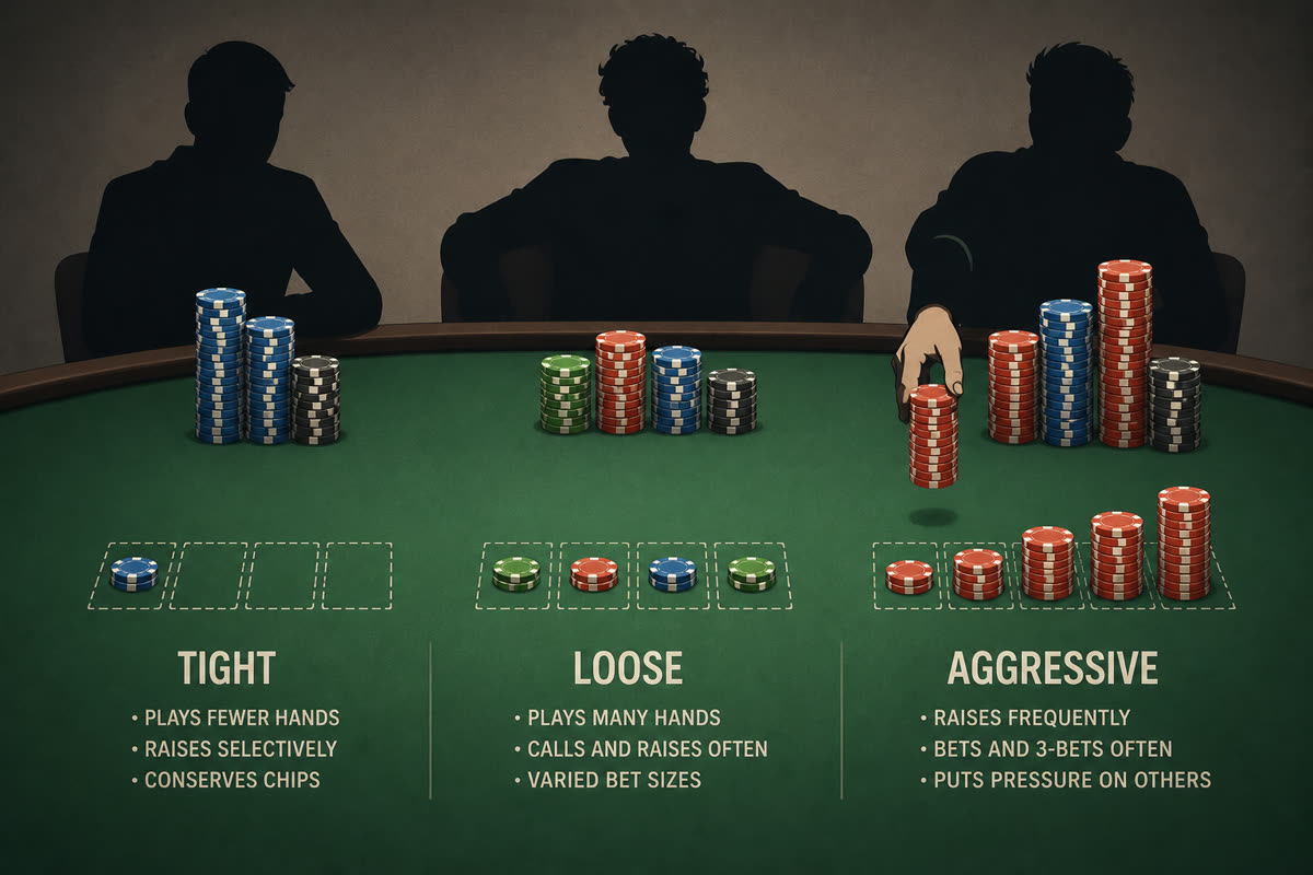 Nine-max poker table with visible hole cards, chip stacks, and player seat labels during the first orbit of a session