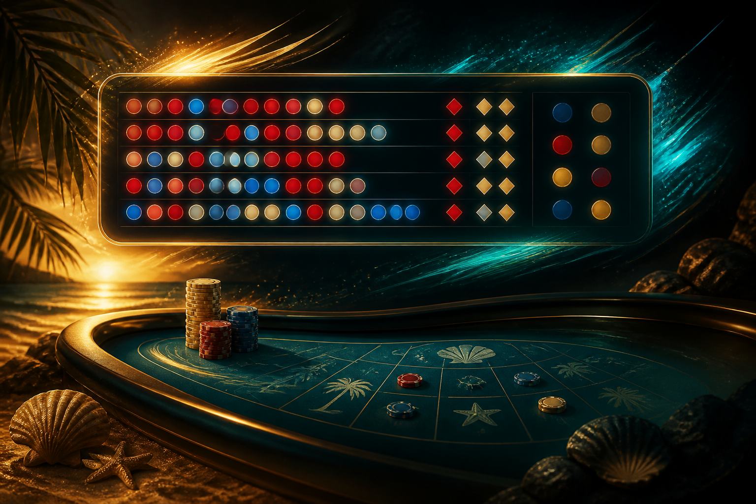 Glowing streak-pattern scoreboard floating above a beach-themed casino table
