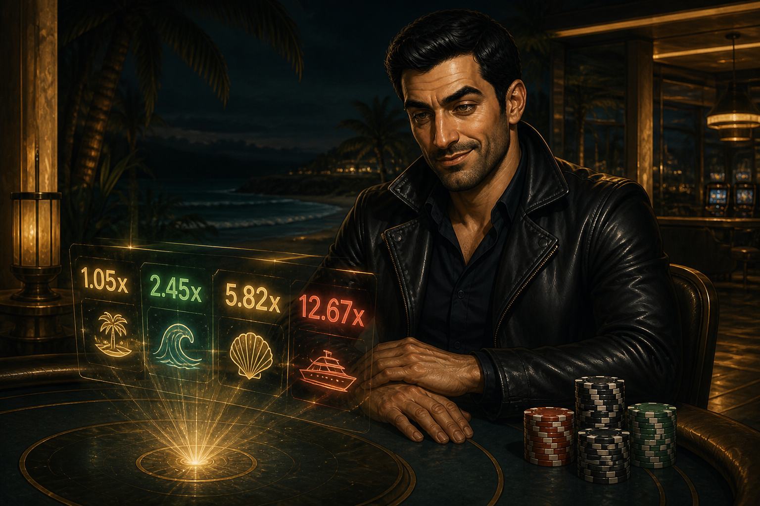 Player studying a glowing odds board with large multiplier numbers at a beach-themed casino table