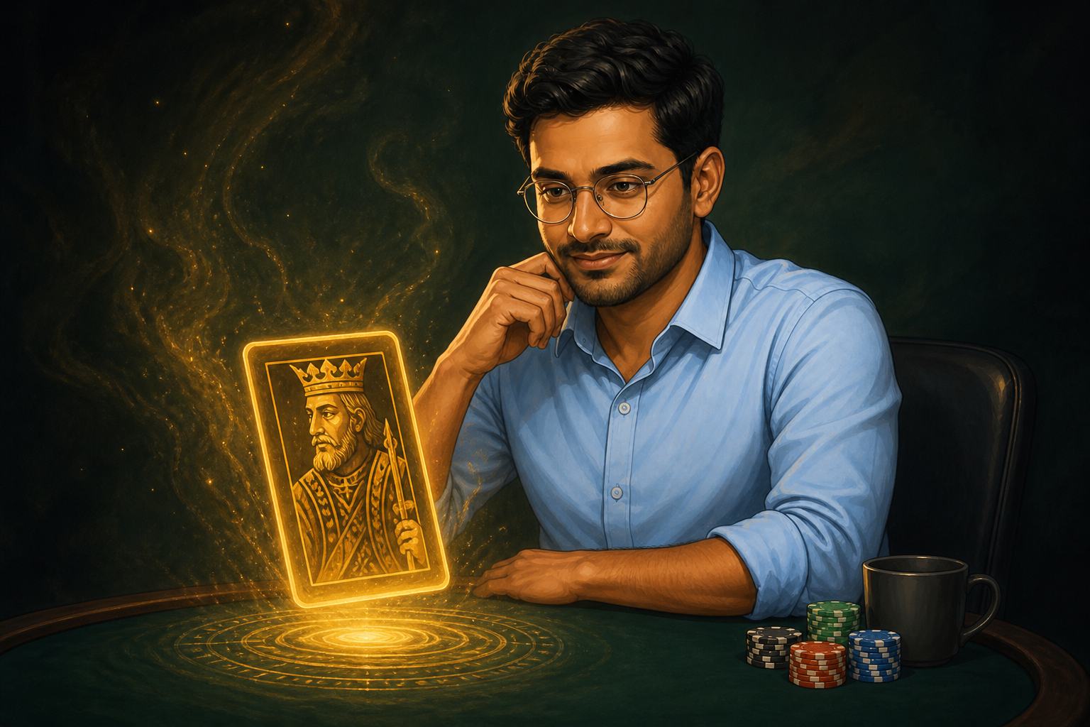 Player thoughtfully examining a glowing king playing card motif above a poker table