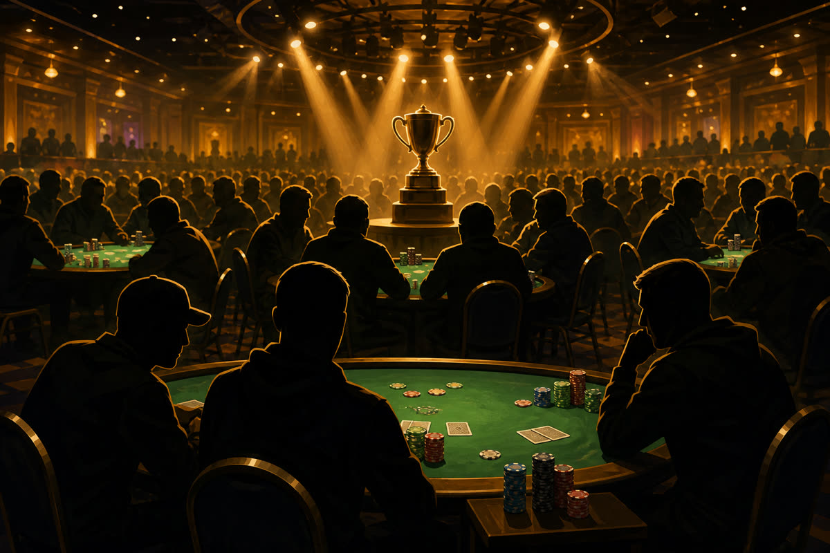 Crowded live poker tournament room with dealer station, chip stacks, tournament clock, and rows of seated players under venue lighting