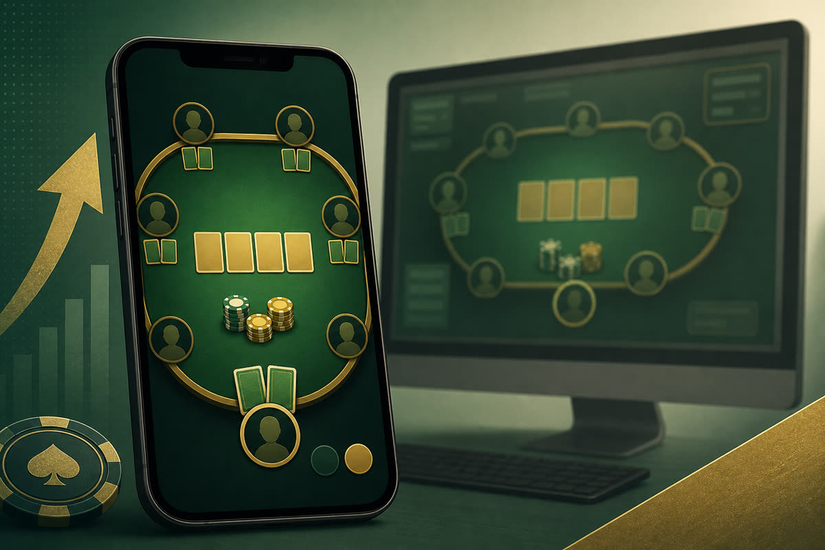 Smartphone in portrait mode showing a mobile poker lobby, chip stack icons, and a six-max table layout with action buttons