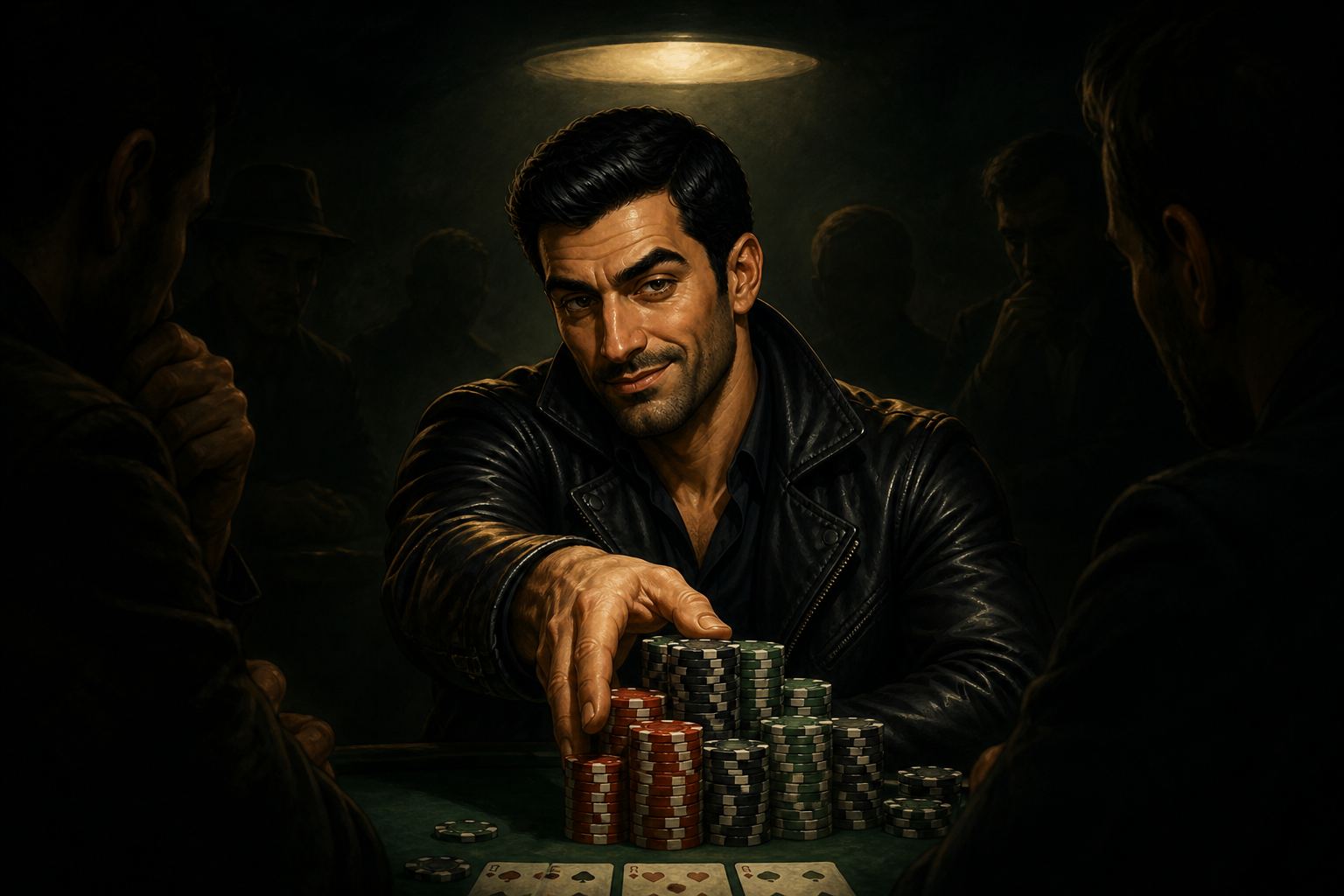 Player pushing a large stack of chips forward at a spotlit final table