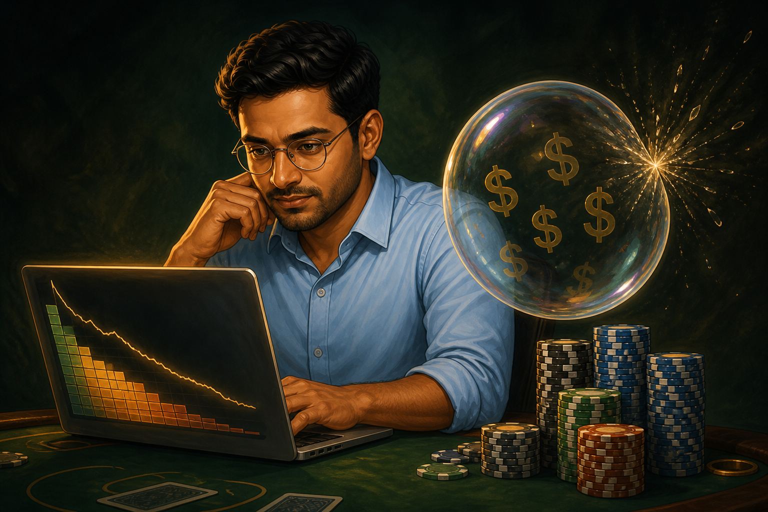 Illustrated player studying an ICM equity chart while a dollar-sign bubble hovers near stacked poker chips