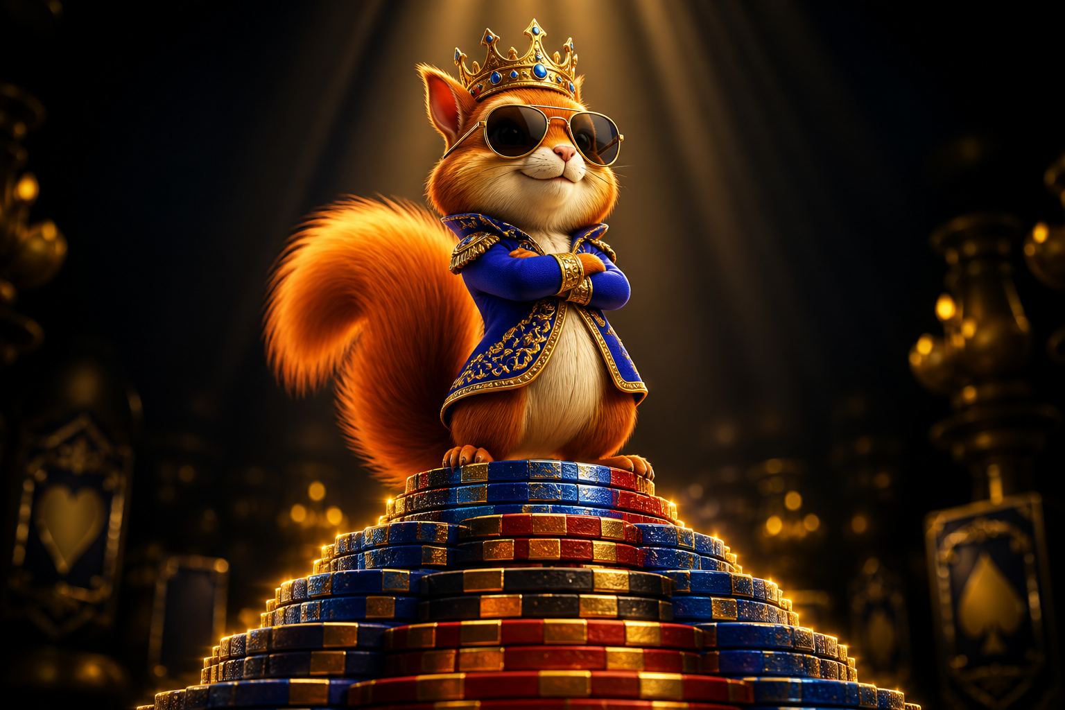 NUTS POKER squirrel mascot climbing a glowing staircase of poker chips