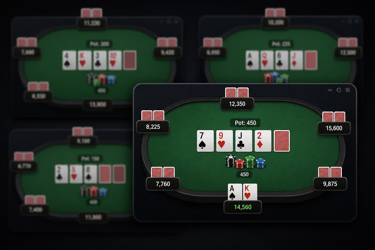 Multi-table poker layout on a wide monitor with four tiled cash tables and a visible action timer