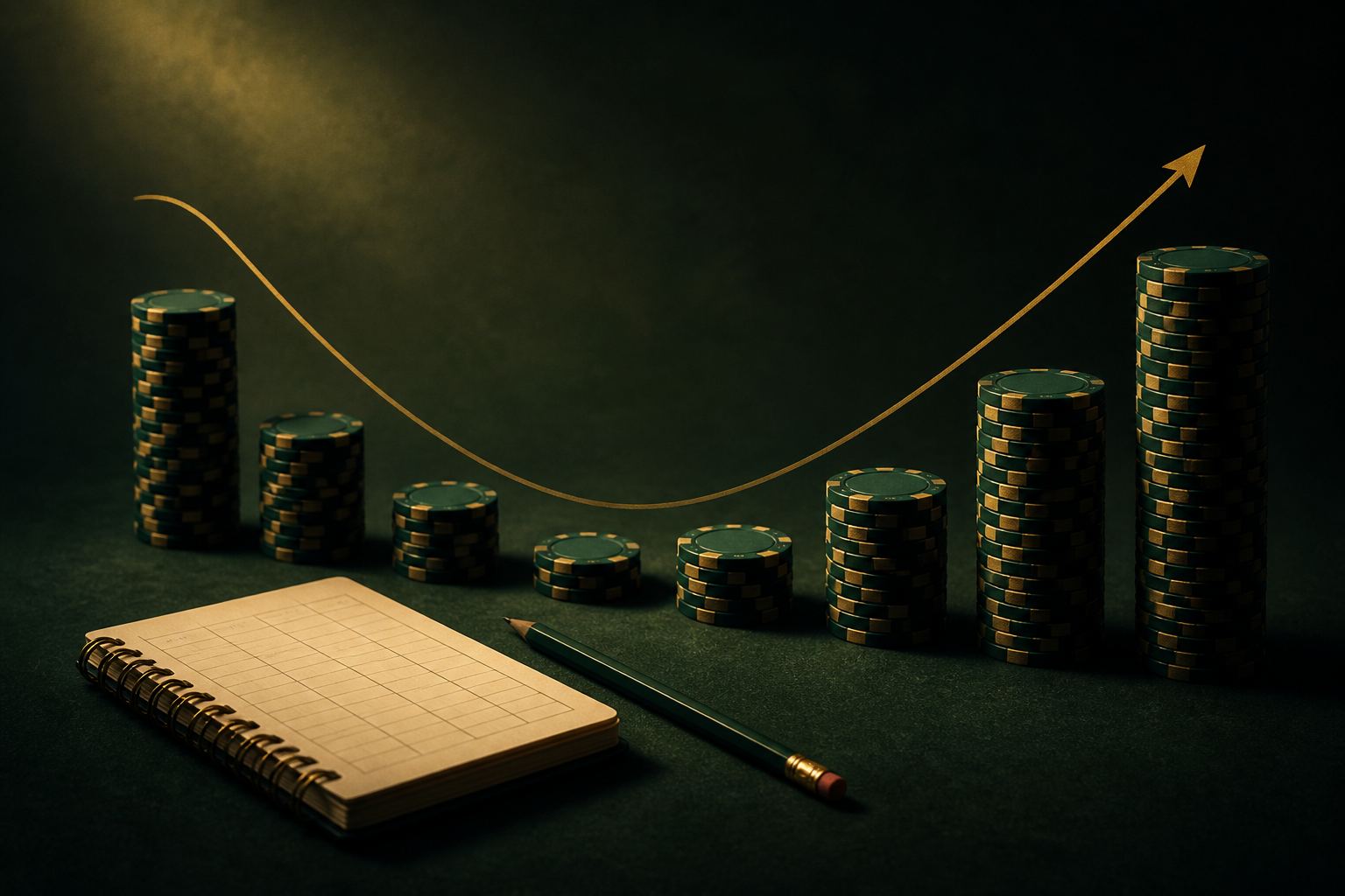 Shrinking and growing stack of poker chips next to a ledger notebook