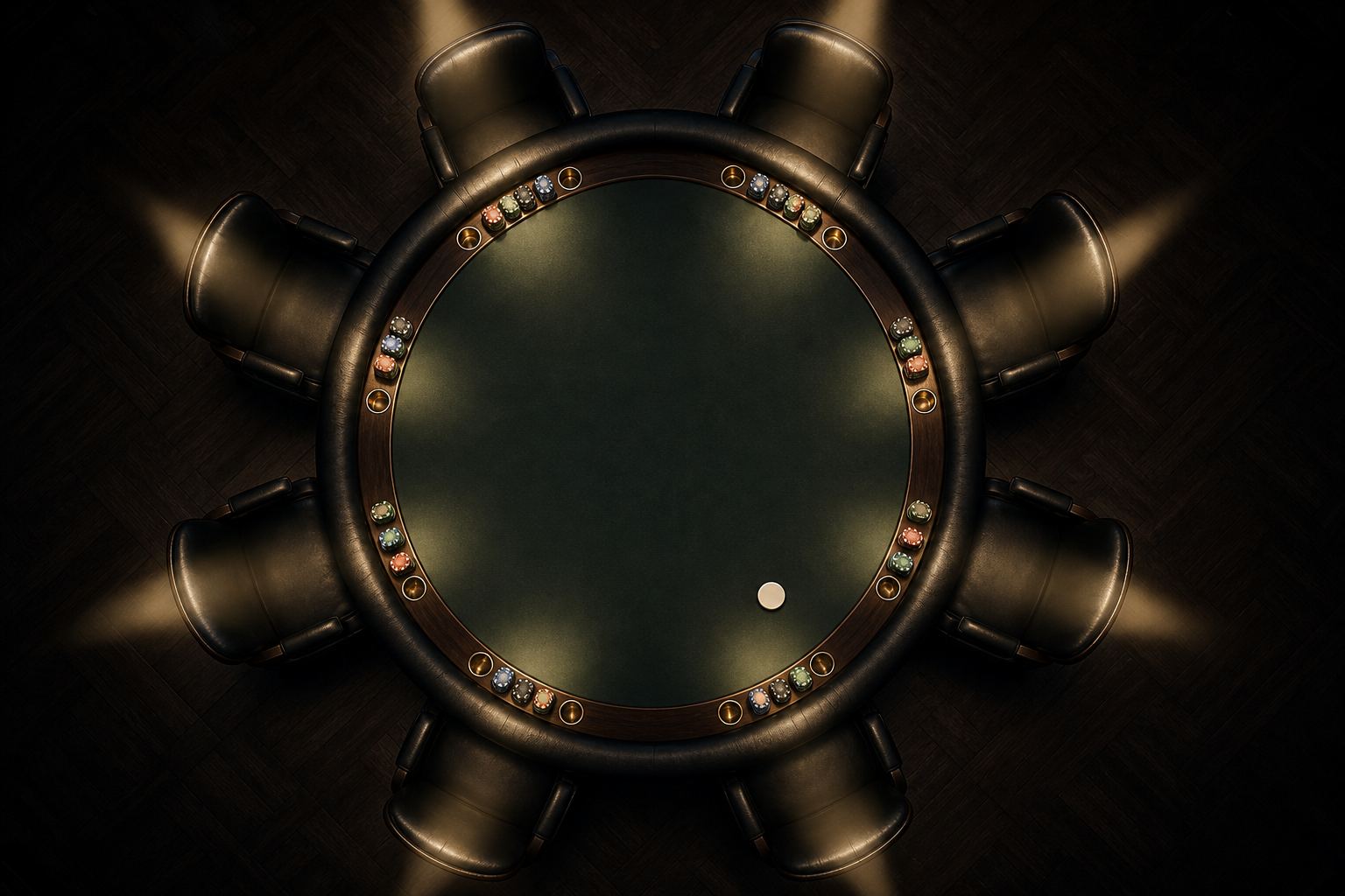 Aerial view of a poker table with dealer button and seat positions highlighted