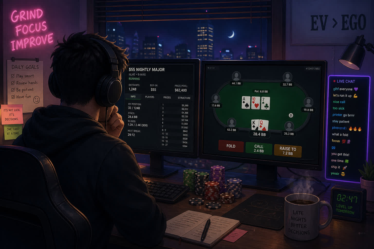 Online poker streaming setup with dual monitors showing tournament lobby and cards, chat glow, and late-night grinding atmosphere