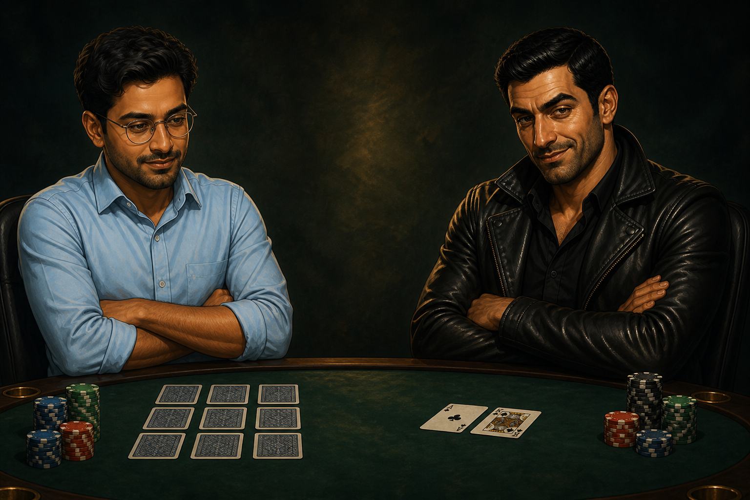 Two illustrated poker experts comparing three rows of OFC cards to a classic two-card hand