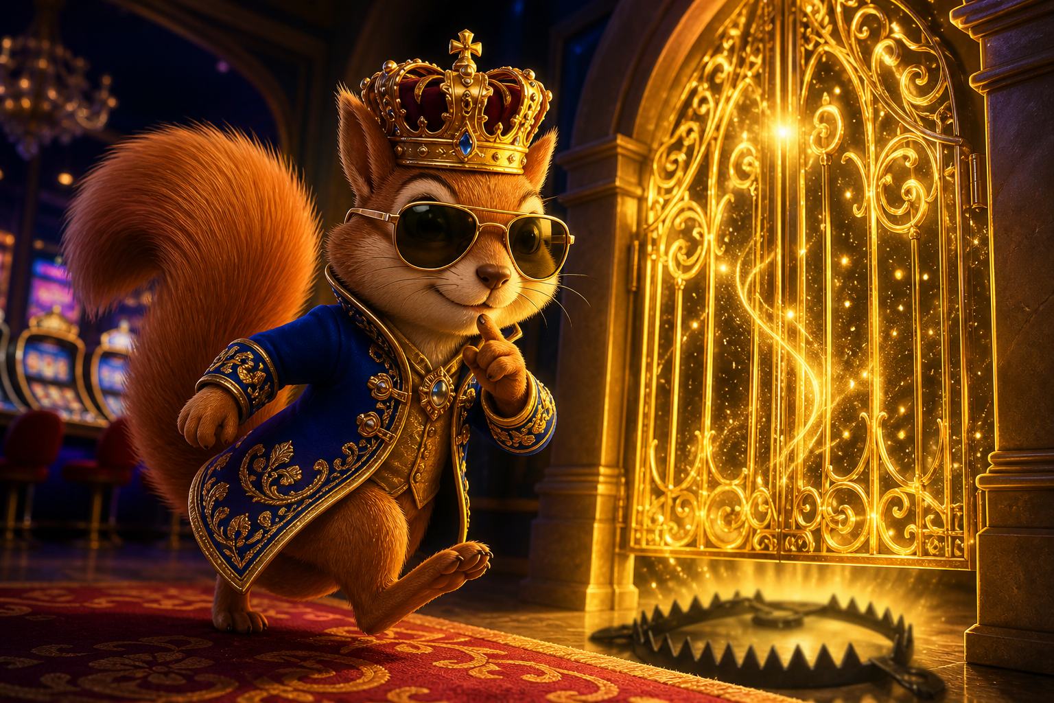 Squirrel mascot stepping toward a glowing golden gate labeled with fantasy energy