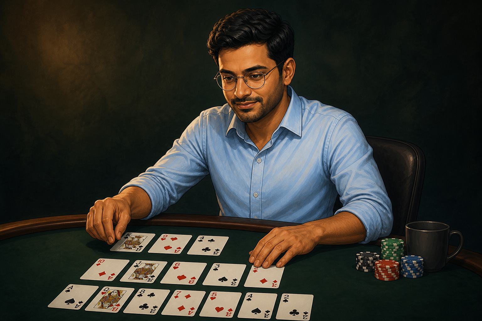 Player arranging playing cards into three rows on a poker table