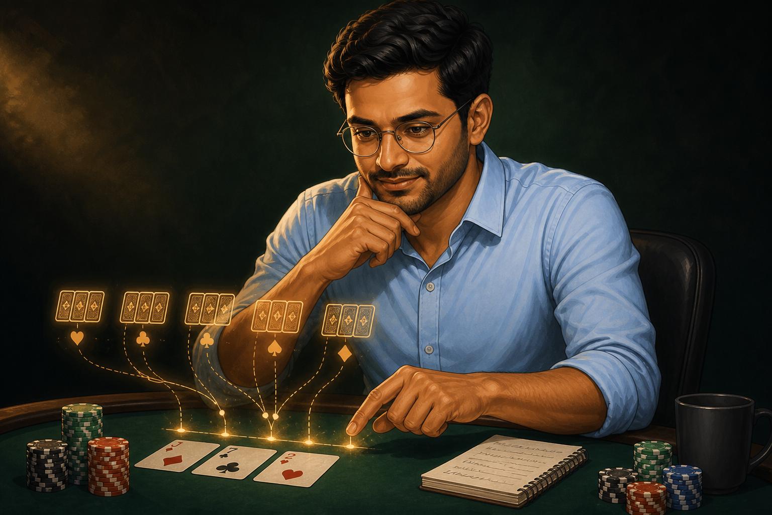 Player thoughtfully counting outs on an Omaha flop with a notepad nearby