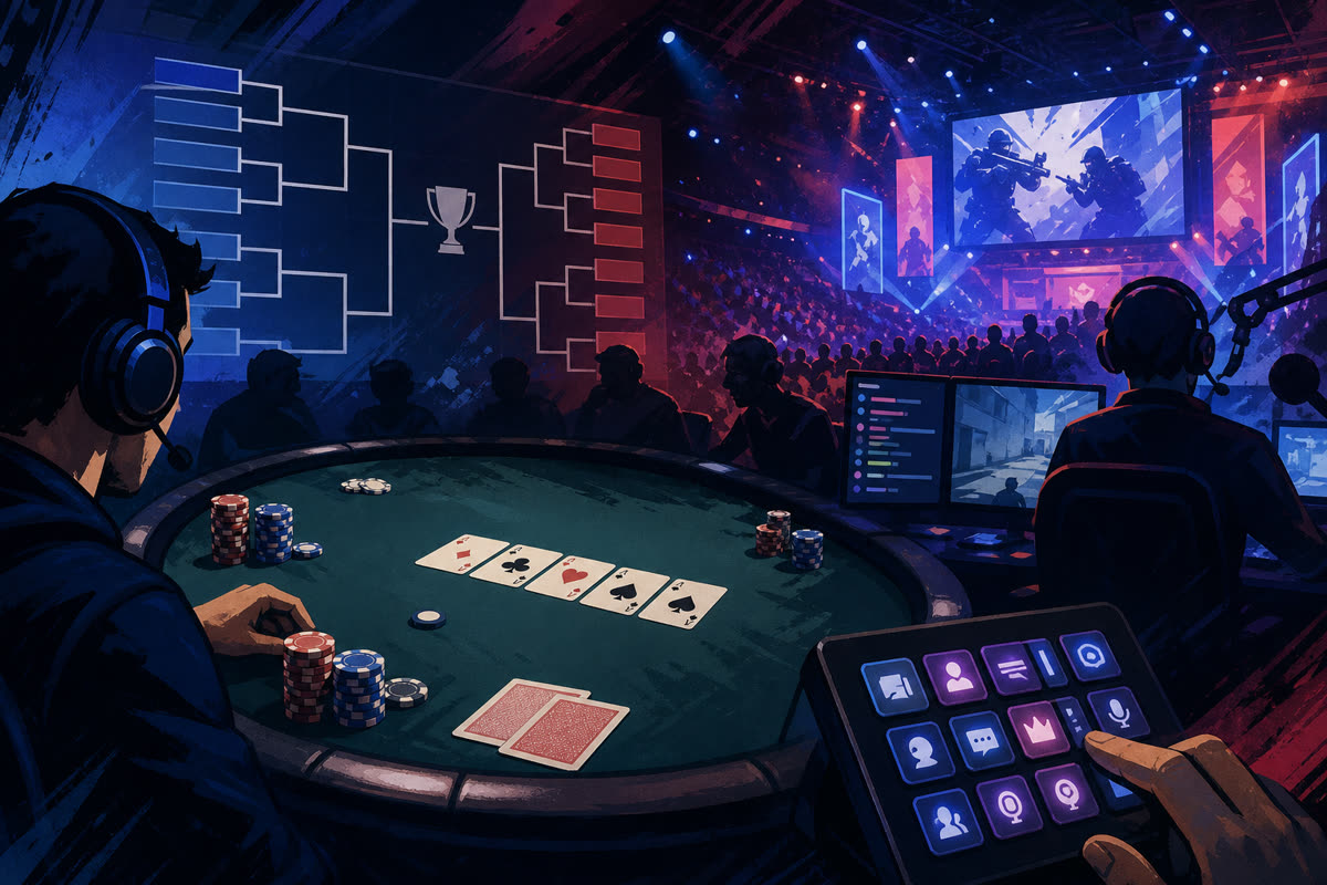 Split-screen poker stream overlay with esports-style HUD graphics, action timer, and hole cards beside a chat sidebar