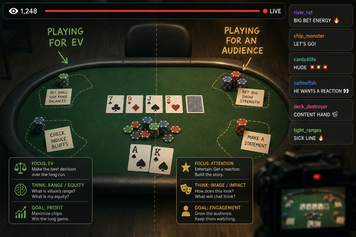 Live poker stream layout with hole cards on delay overlay, chat sidebar, viewer count, and a six-max table on the main broadcast frame