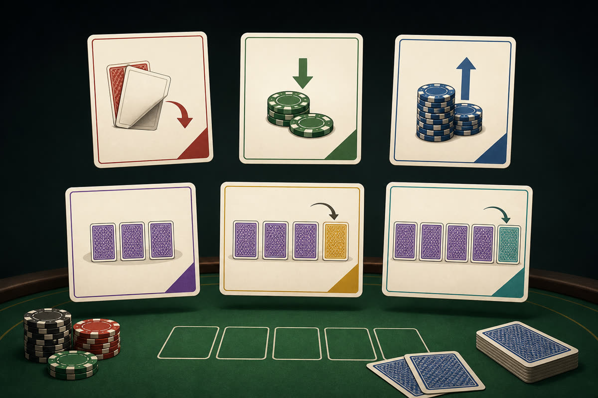 Poker glossary cheat sheet beside hole cards, chip stacks, and a tablet showing hand history notation