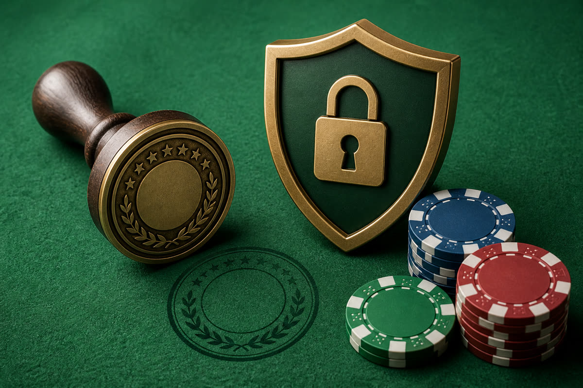 Regulatory license document beside a poker client withdrawal screen and segregated player fund diagram