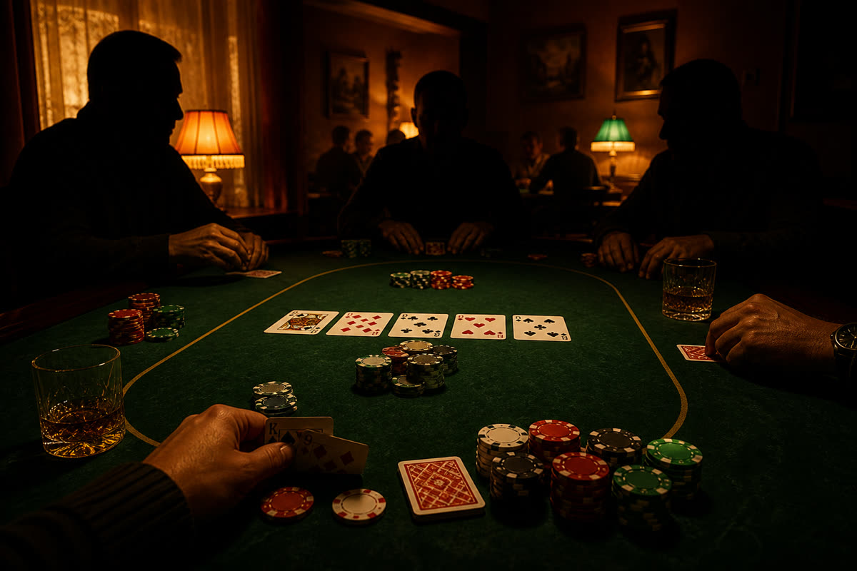 Busy Russian Poker table with multiple players, chip stacks, and five-card hands in a casual club-night atmosphere