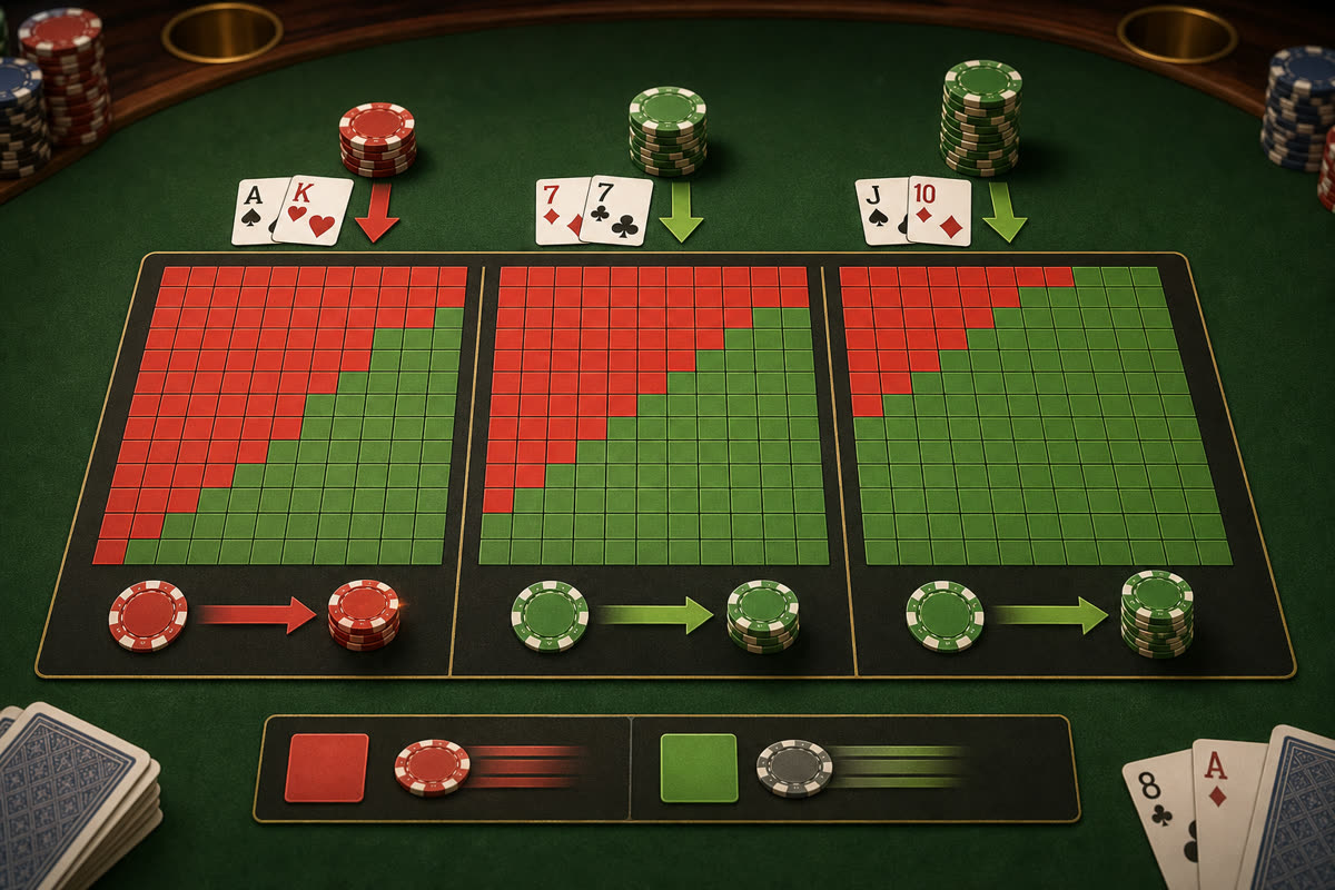Printed push-fold chart grid beside short-stack chip counts and hole cards on a tournament poker table