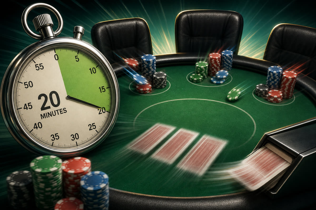Phone timer set to twenty minutes beside a turbo SNG table with fast blind clock and chip stacks