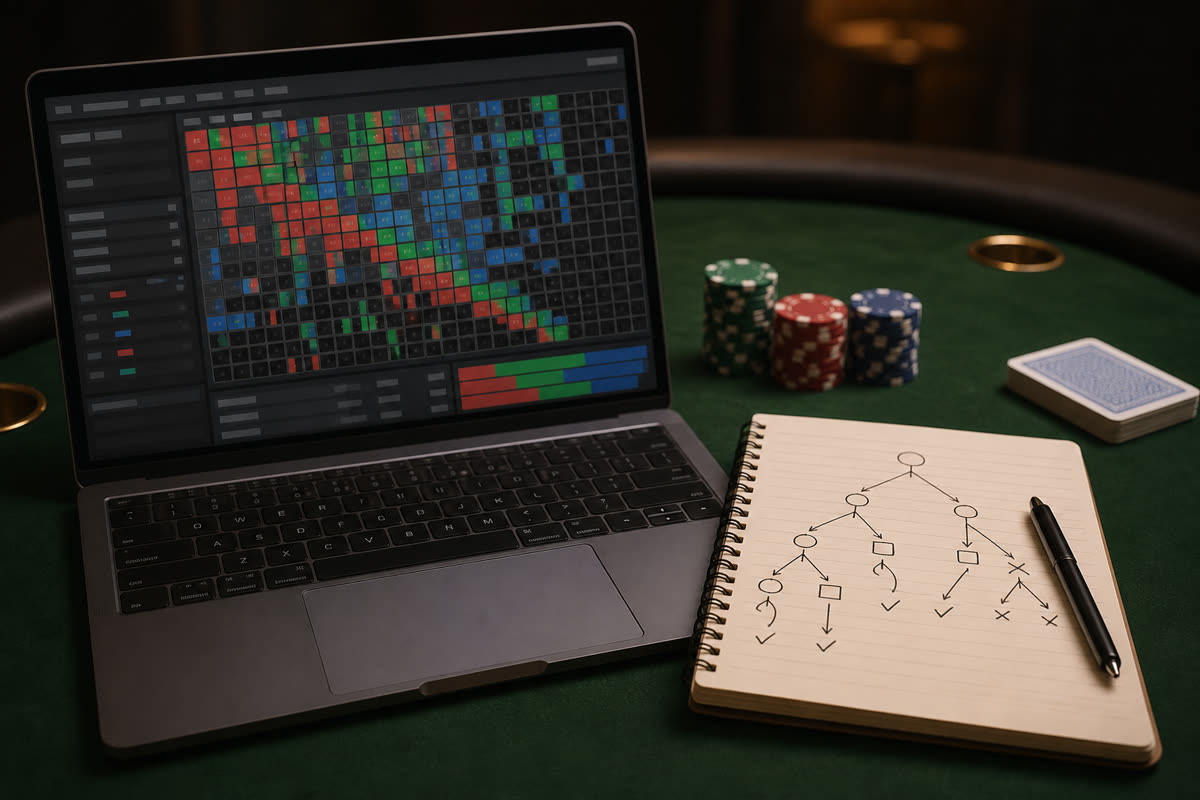 Affordable solver interface on a laptop beside a casual home poker setup with hole cards and a single chip stack