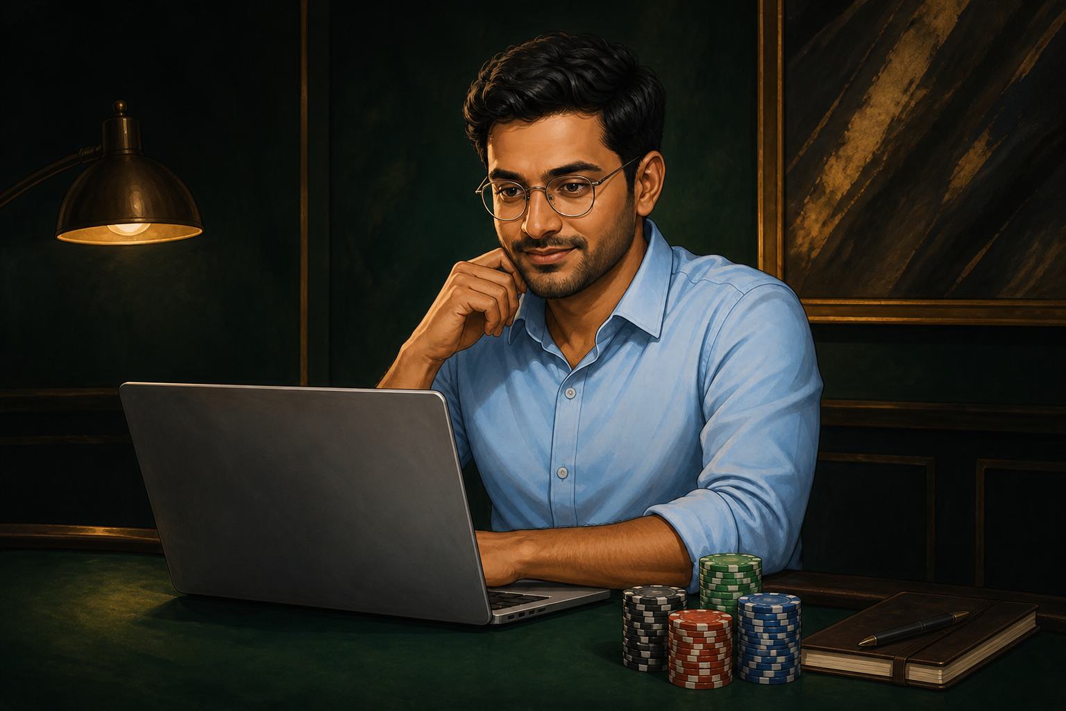 Player calmly calculating bankroll numbers next to a small organized stack of poker chips