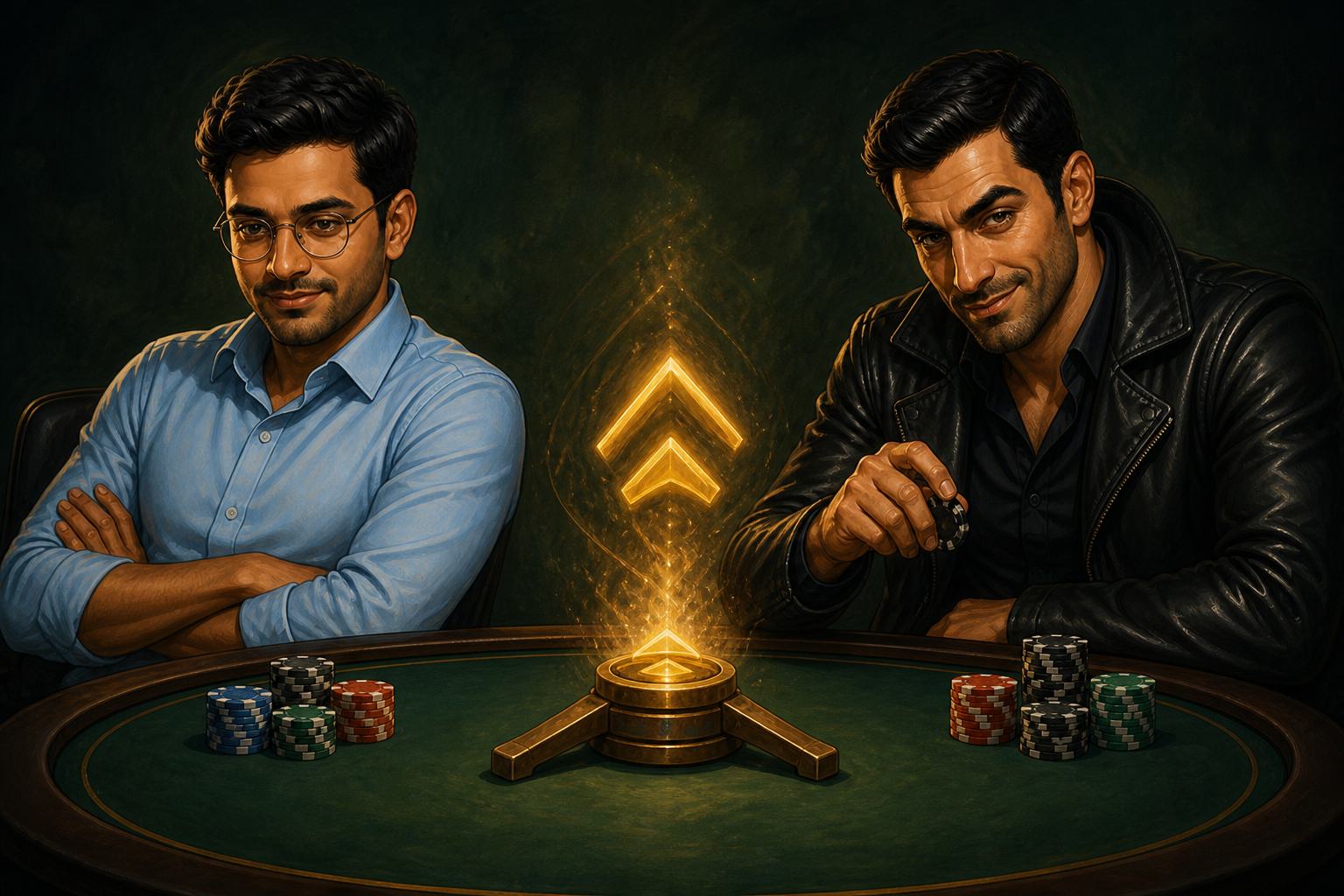 Two illustrated poker experts facing off at a small SpinUp table with a glowing multiplier between them