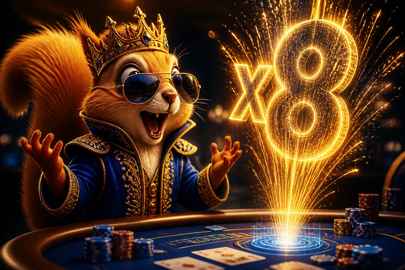 Squirrel mascot staring wide-eyed at a giant glowing multiplier number bursting above a poker table