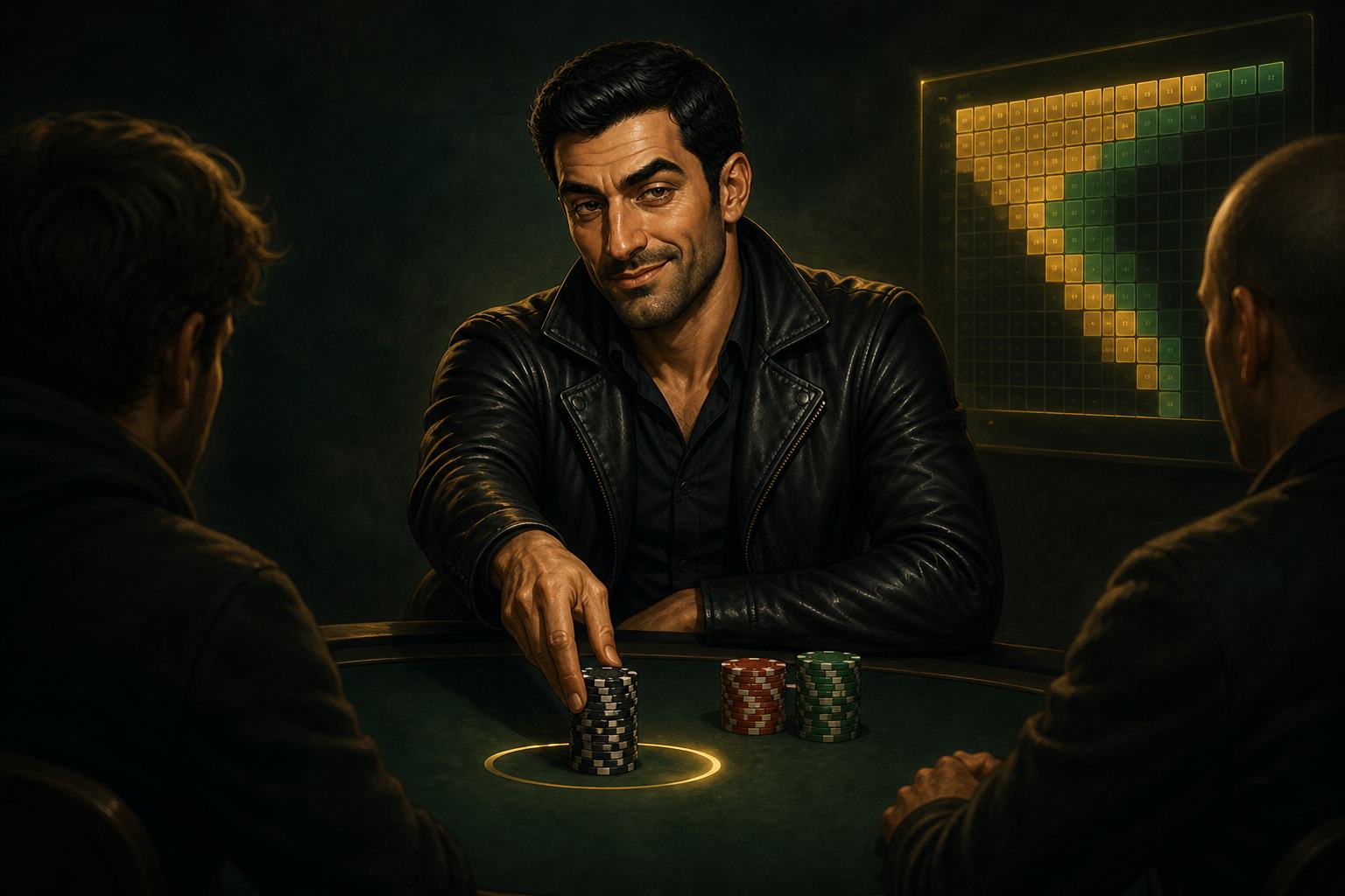 Kompakt üçyerlik SpinUp poker masasında fişləri irəli itələyən oyunçu