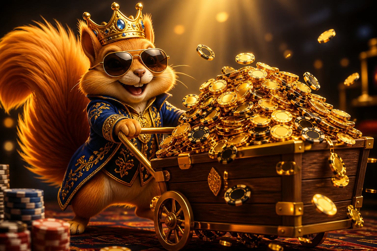 Squirrel mascot pushing an overflowing cart of glowing gold poker chips and coins