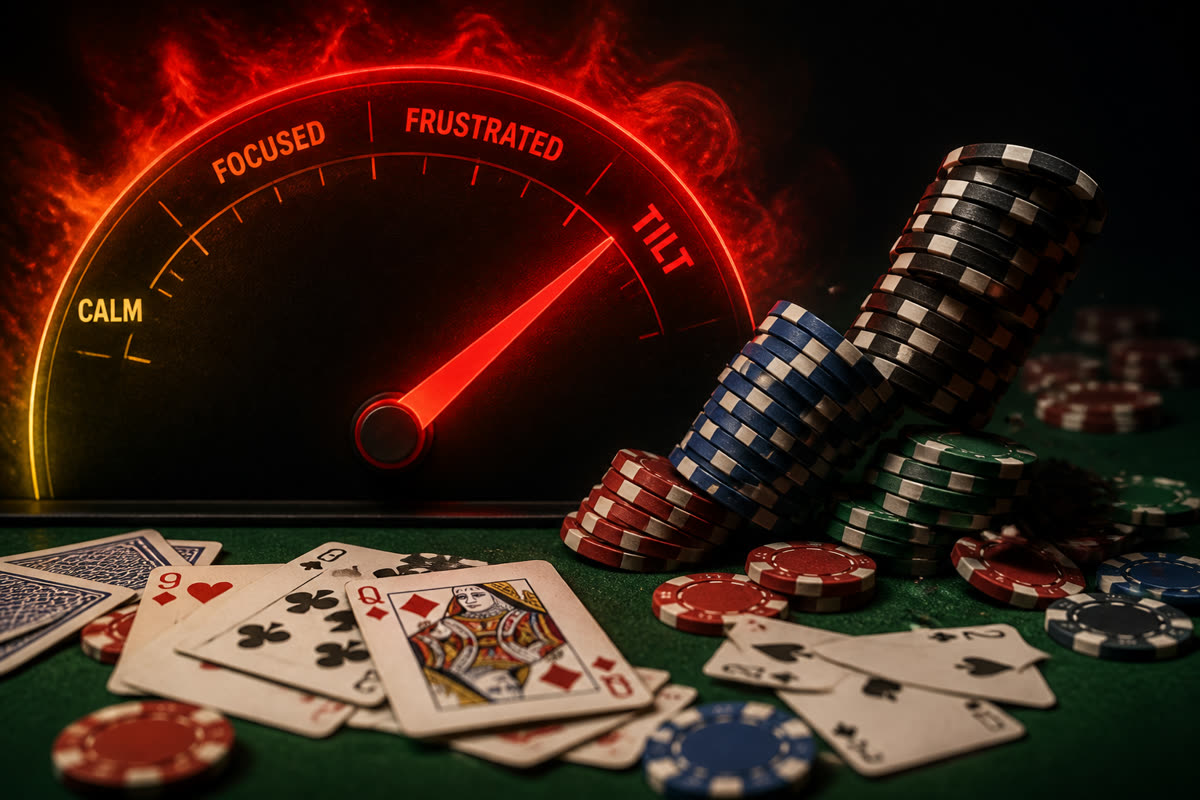 Three consecutive poker hand histories highlighted on a monitor beside stacked chips and a paused session timer