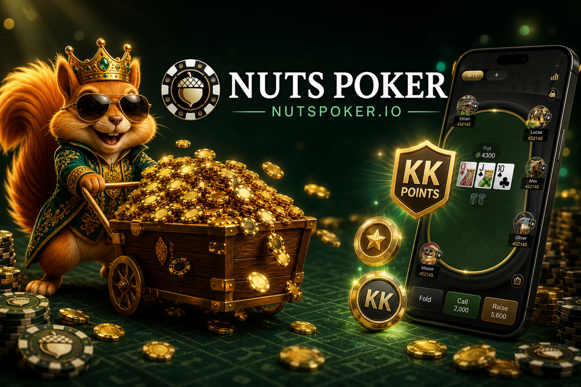 Nutspoker banner with squirrel mascot, mobile app and KK Points rewards